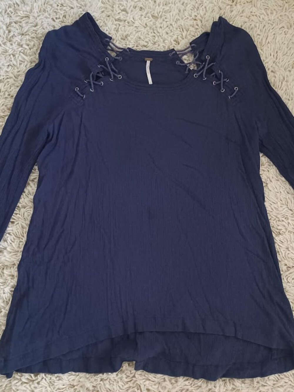 Free People Tunic Top Womens Blue Lace Up Neck Boho Long Sleeve Flowy High Low